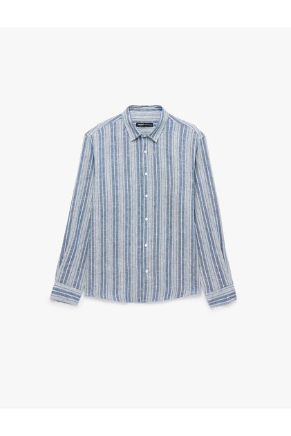 Classic Collar Long Sleeve Viscose Linen Blend Loose Fit Striped Shirt