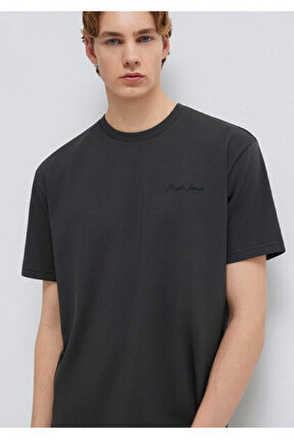 Mavi Dokulu Antrasit Basic Tişört Oversize / Geniş Kesim 0613665