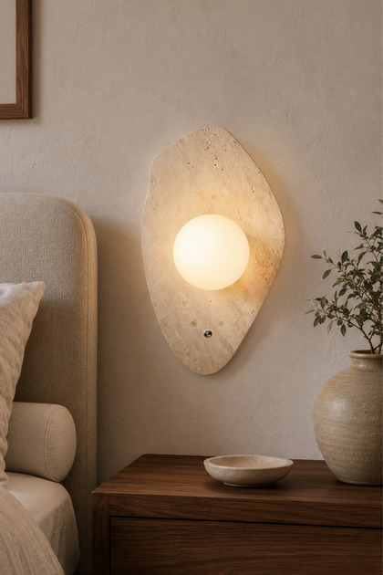 Halle Travertine Marble Wall Sconce with Button and Opal Glass Bulb Included Modern Decorative Sconce
