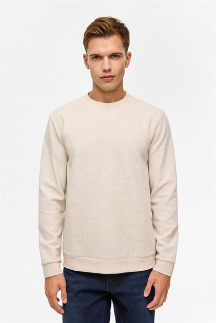 Bej Regular Düz Bisiklet Yaka Sweatshirt