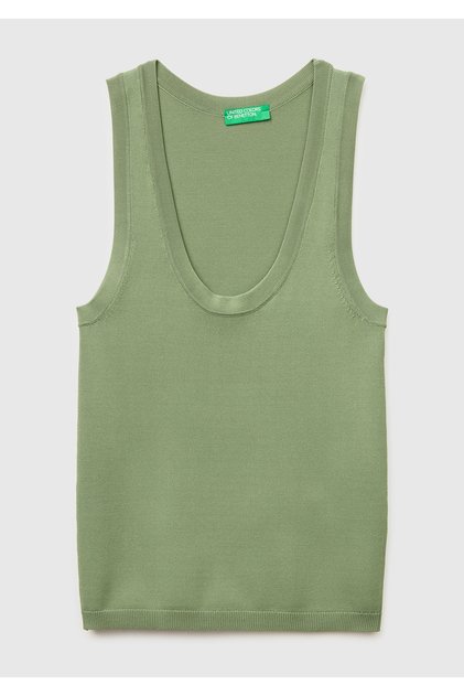 Kadın Haki Viskoz Karışımlı Slim Fit Geniş Yuvarlak Yaka Atlet
