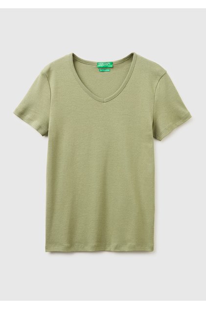 Women's Khaki 100% Cotton Wide V-Neck T-Shirt
