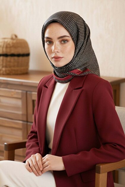 %100 Twill İpek Minik Motif Desenli Siyah - Bordo Renkli 90x90 Eşarp Dikim Şekli : El Dikişi