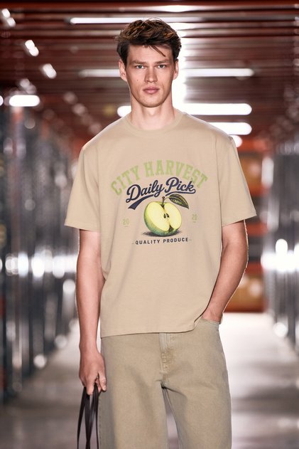 Meditin Men's 100% Organic Cotton Round Neck T-Shirt with Print Detail in Beige