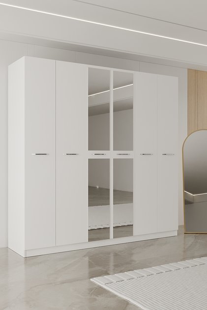 AE-2191 Hisar Beyaz/Beyaz Aynalı 6 Kapaklı Çok Bölmeli Askılı ve Raflı Geniş Hacimli Gardırop 210x210 cm