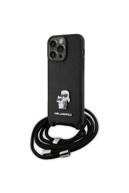 Geantă crossbody Saffiano cu cataramă metalică Karl &amp;   Husă Choupette pentru iPhone 15 Pro Max - Negru