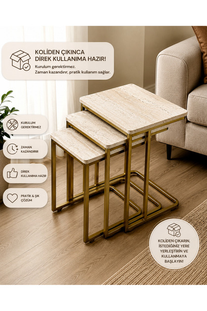 Tekerlekli Zigon Sehpa 3’lü Set – Eskitme Gold Metal Ayaklı Traverten Melamin Kaplama Şık Tasarım
