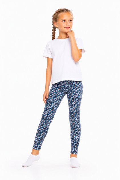 Children's Leggings - Blue Vintage Floral Patterned Seasonal Lycra Cotton Girls' Leggings
