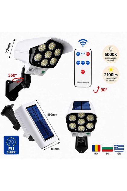 Lampa Solară cu Senzor de Mișcare Design Cameră Supraveghere, 77 LED SMD, 2100lm, Telecomandă inclusă