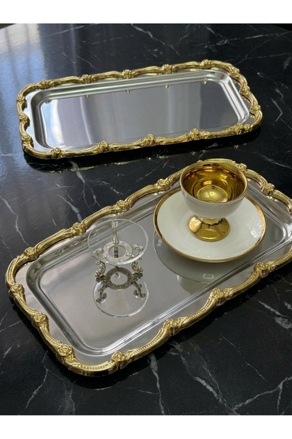 2 Pcs Steel Large Rectangular Gold Frame Service Tray 17*33 cm
