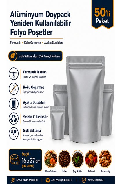 Ziplock Aluminum Packaging Package - 50 Pieces - Barrier Food Storage Bag, Ziplock (Ziplock) 16X27 cm