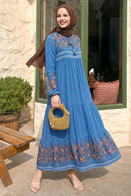 bohemian dress hijab Casual Bohemian Floral Print Muslim Long Dress Ruffle Hem Abaya Custom color or special