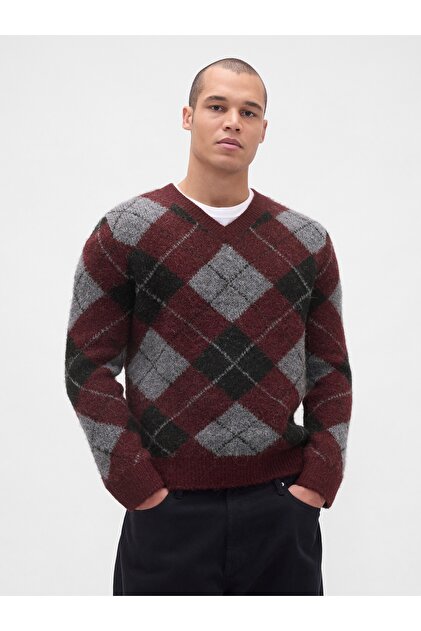 Erkek Bordo Brushed V Yaka Kazak