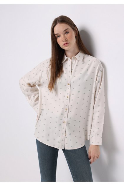 Relax Fit Shirt Neck Printed Women's Ecru Long Sleeve Shirt
