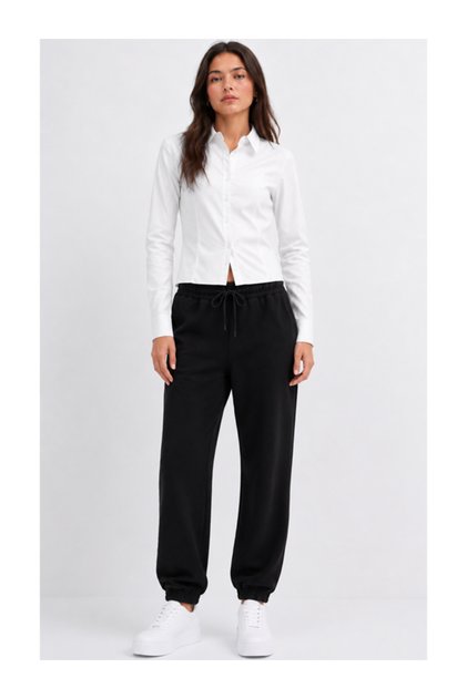 Women's Black High Waist Elastic Cuffed Jogger Sweatpants - Relaxed Fit with Pockets