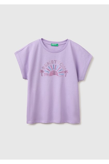 Girl's Lilac Color Stone Detailed Crew Neck T-Shirt