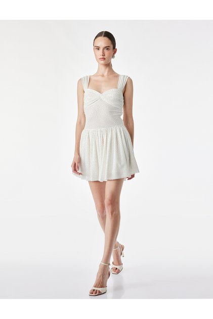 Drapeli Büzgülü Kalp Yaka Volanlı Kolsuz Slim Fit Mini Taşlı Bridal Elbise