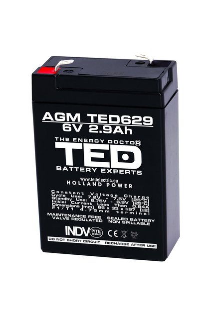 Acumulator Stationar AGM VRLA Etans 6V 2.9A F1 T1, Dimensiuni 66mm x 33mm x h97mm