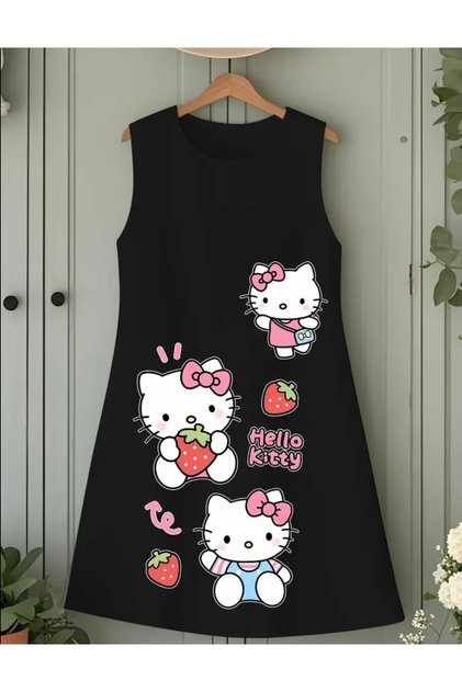 New Season Strawberry Cat Printed Special Series 100% Cotton Sleeveless Girls' Summer Dress