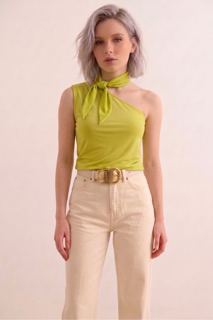 Women's Oil Green One-Shoulder Blouse with Gathered Detail and Floral Detail in Sandy Fabric
