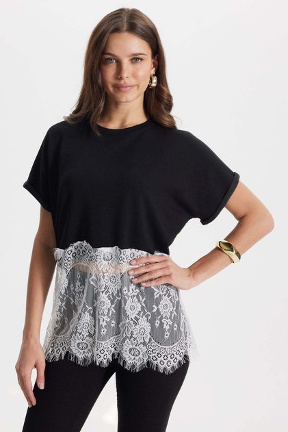 Women's Oversize Wide Cut Lace Detailed Crew Neck Black T-Shirt Blouse