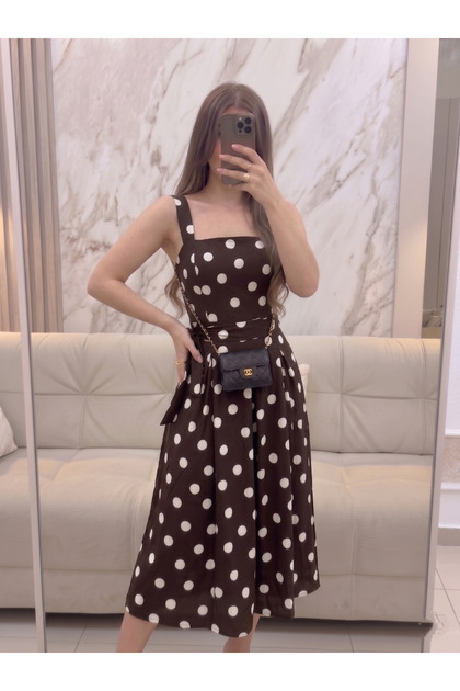 Women's Square Neck Belted Polka Dot Midi Cotton Satin Dress