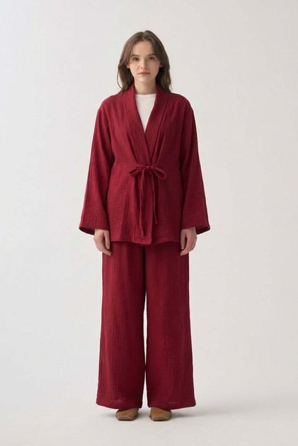 Burgundy-Waist Tie Detailed Muslin Kimono