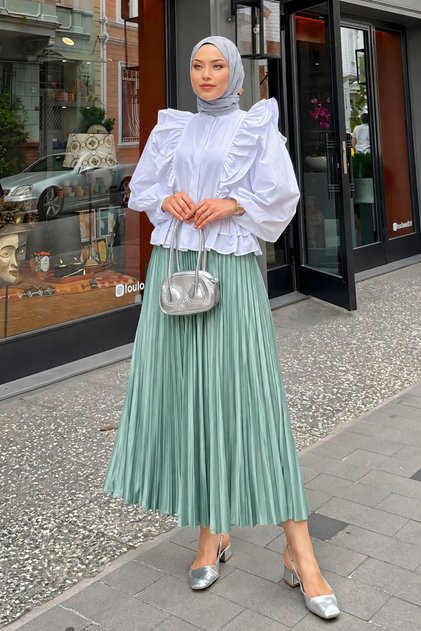 Women's Basic High Waist Pleated Loose S.Green Long Skirt