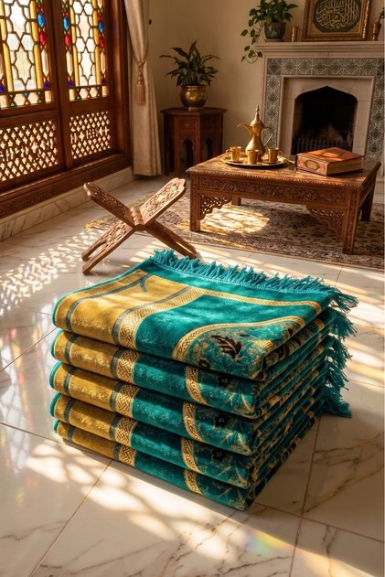 5 Pieces Velvet Prayer Rug Green Yellow Hajj and Umrah Gift 500Gr