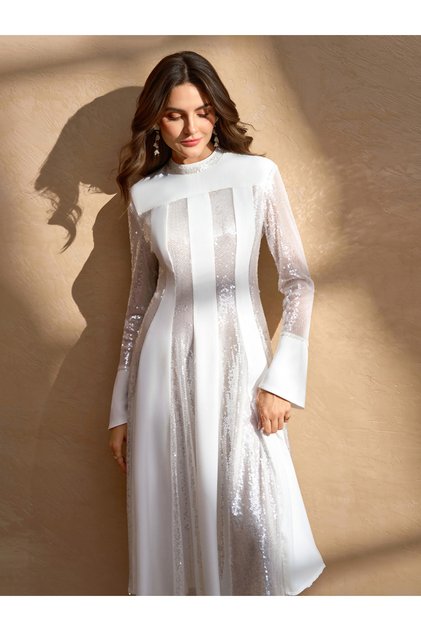 White Sequined Embellished Long Sleeves A-Line Midi Dress