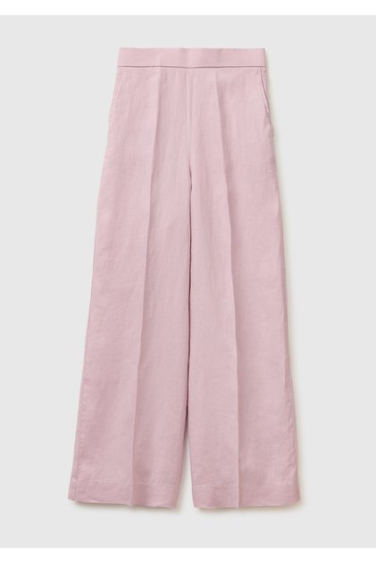 Women's Light Pink 100% Linen Palazzo Trousers with Side Pockets and Elastic Waist at the Back