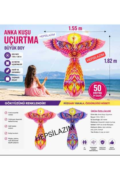 Phoenix Kite Phoenix Patterned Large Bird Simurg Feniks 155X182Cm + String