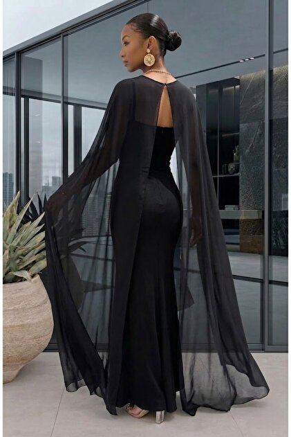 LOKADI Black Evening Dress Chiffon Cape with String Straps Long Dress -  Promise, Engagement, and Graduation Dress- Trendyol