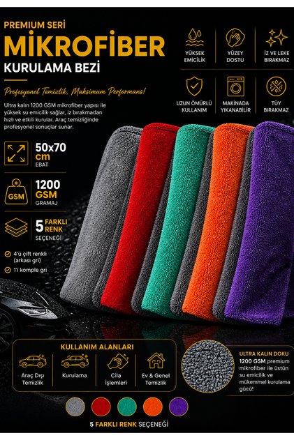 1200 GSM Premium Oto Araç Yıkama Ve Araba Kurulama Bezi Ekstra Su Emici Fiber Bez 50X70