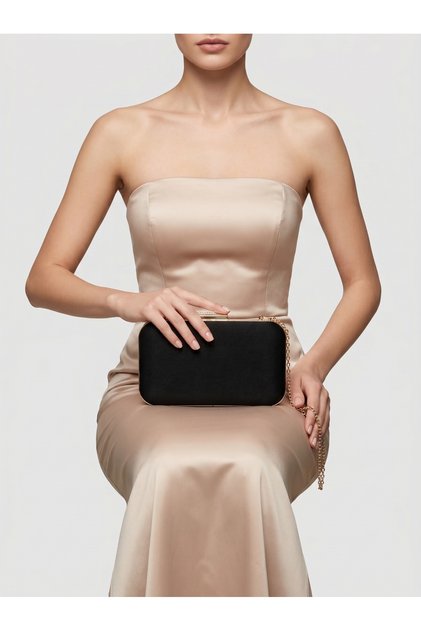Black Z.A.R.A. Satin Crystal Stone Embroidered Chain Women's Evening Dress Bag Wedding Engagement Graduation