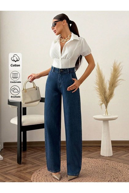 Yüksek Bel Wide Leg Jean Pantolon - Koyu Denim Mavi Boru Paça