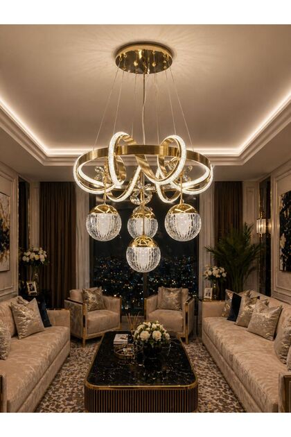 Çemberli Kıvrım 50 Cm Cam 4 Toplu Kalın Kasa Simli Modern Sarkıt Yüksek Işık Salon Led Avize Kumandalı Gold