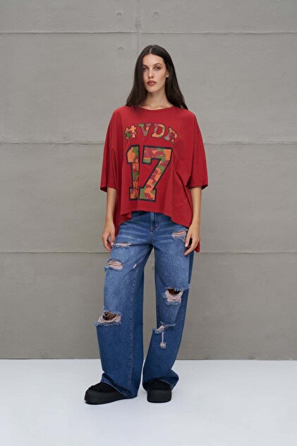 Burgundy Printed Asymmetrical Oversize T-Shirt 18282