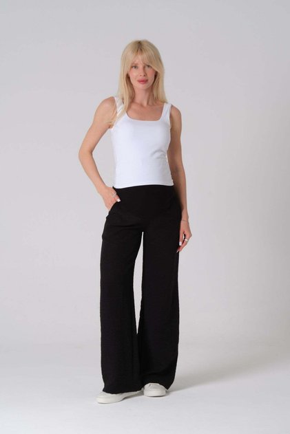 Maternity Stretchy Waistband Adjustable Linen Wide Leg Pants Black