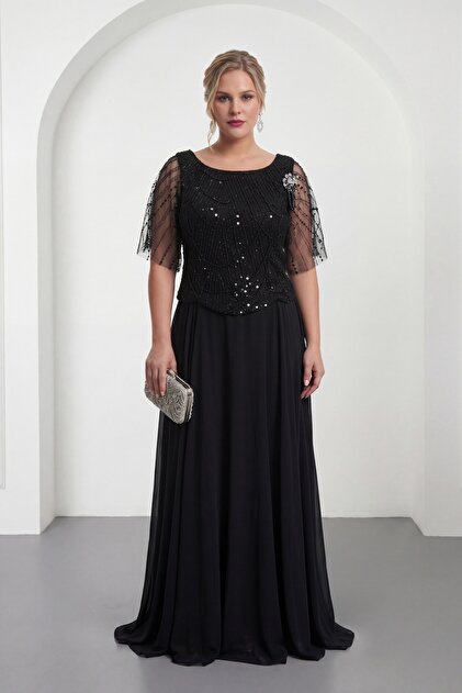 Lafaba Women's Black Accessory Detail Plus Size Long Beaded Evening Dress-  Trendyol