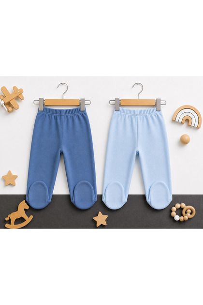 100% Cotton Double Booties Baby Pants Set – Indigo & Light Blue