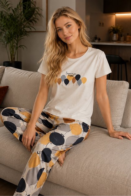 Round Neck Long Comfortable Cotton Pajama Set 41549 White