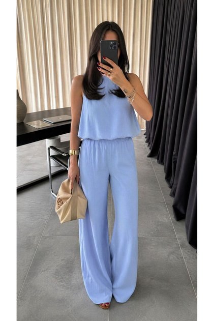 Balloon Detailed Blouse and Wide Leg Pants Set for Women
