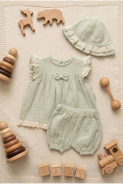 Baby Girl 100% Cotton Vintage Style Scallop Embroidered Muslin 3-Piece Blouse, Shorts and Hat Set - Mint Green 6-24 Months