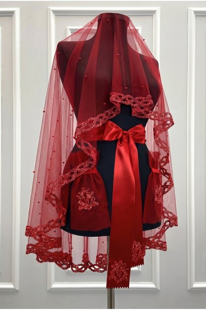 Red Bridal Veil Set, Glass Beads and Pearl Decorations, Henna Night Veil Face Cover Set 6 Pieces