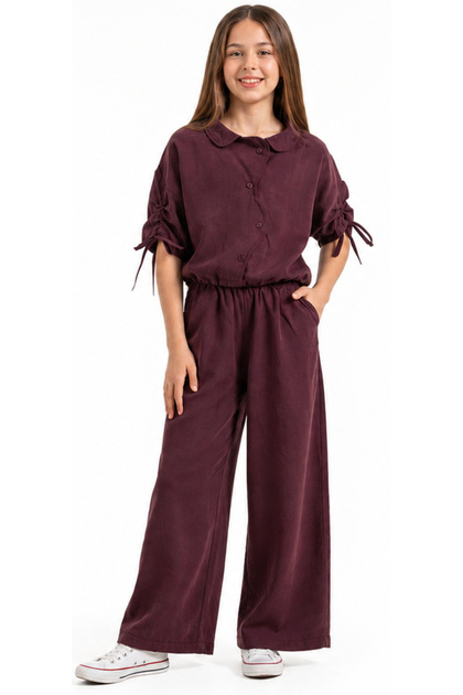 Girl's Cross-Button Detailed Drawstring Sleeve Model Shirt with Elastic Waist and Pockets Modal Fabric Shirt with Plum Color Pants Set