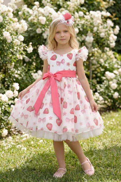 Girl's Strawberry Patterned Strawberry Accessory Crown Dress Ecru (3-7 Years) 36247Pr