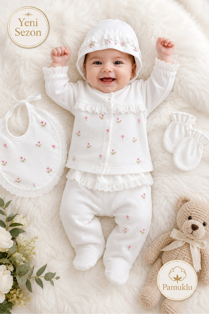 BYS BABY FASHION Çiçek Nakışlı Mevsimlik Pamuklu Yenidoğan Kız