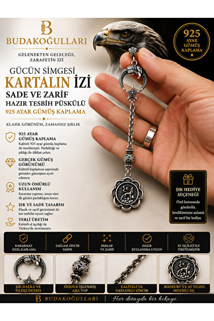 Kartal Pençesi Ayyıldız & Bozkurt Motifli 925 Ayar Gümüş Kaplama Hazır Tesbih Püskülü