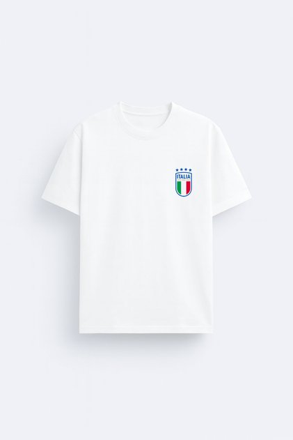 Italy National Football Team Logo Printed Cotton Fabric White T-Shirt T-Shirt